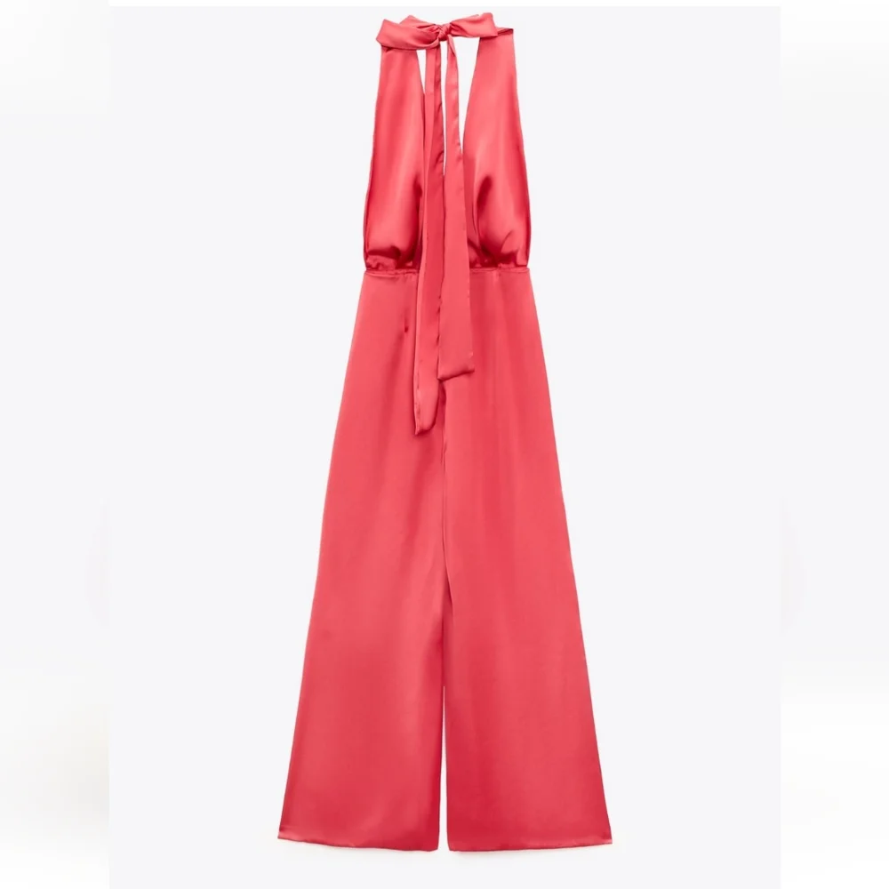 Zara * Satin Effect Jumpsuit Wide Leg Pink Long Size XS